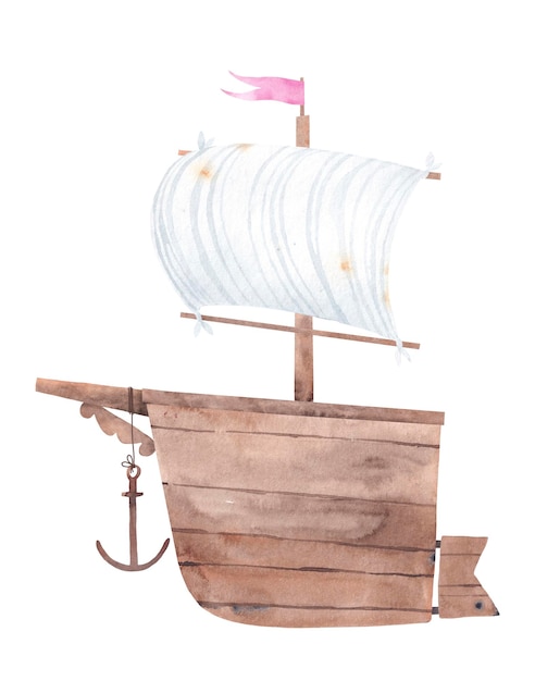 Mooie houten boot met een wit zeil en een rode vlag Aquarel illustratie Kan worden gebruikt voor baby tshirt print mode print ontwerp kinderen dragen baby shower viering groet en uitnodigingskaart