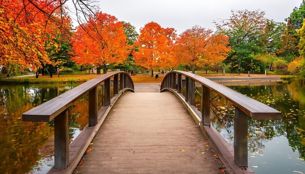 Mooie houten brug over de vijver in een kleurrijk herfstpark