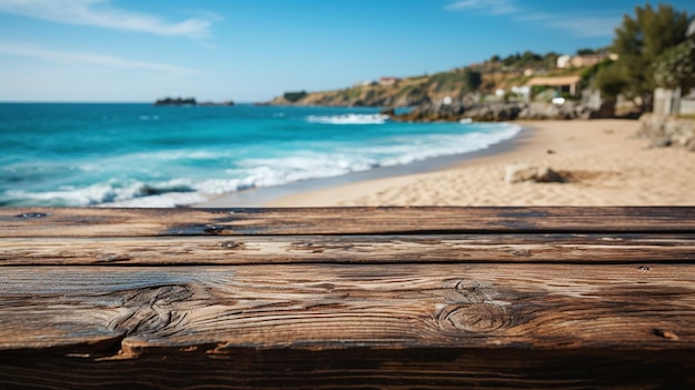 mooie houten tafel met strand achtergrond