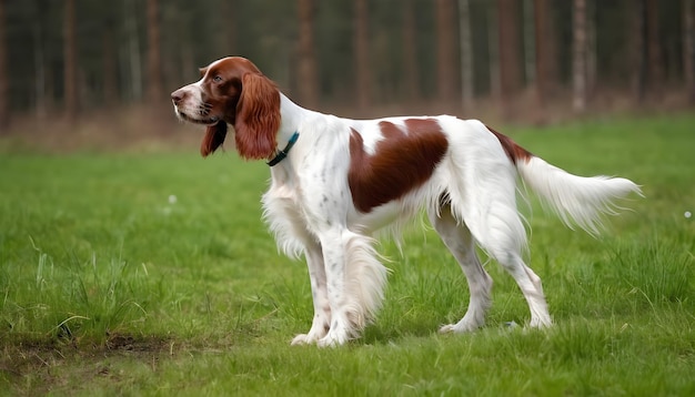 Mooie Ierse Rode en Witte Setter hond stand hond fokken groene weide bij het bos