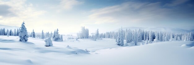 Mooie ijzige scène sparren en dennenbomen in een besneeuwde wildernis gemarkeerd door het ochtendzonlicht Winter wonderland sneeuwwouden majestueuze bergen en uitgestrekte AI Generatieve