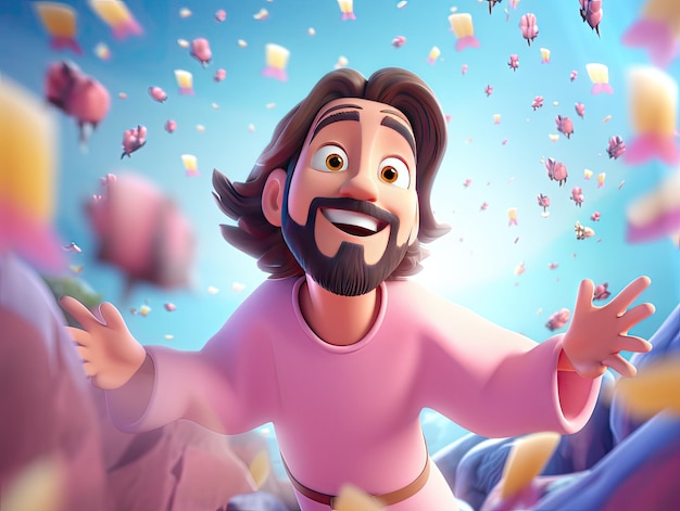 Mooie illustratie van 3D karakter gelukkig Jesus Christ kleurrijk speels cartoonontwerp