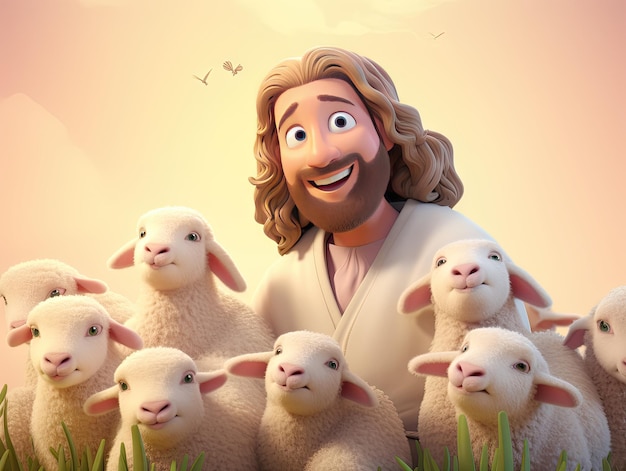 Mooie illustratie van 3D-personage Jezus met een schaap kleurrijk speels cartoonontwerp