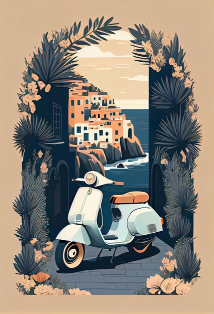 Mooie illustratie van een blauwe italiaanse scooter op een pastelkleurige straat