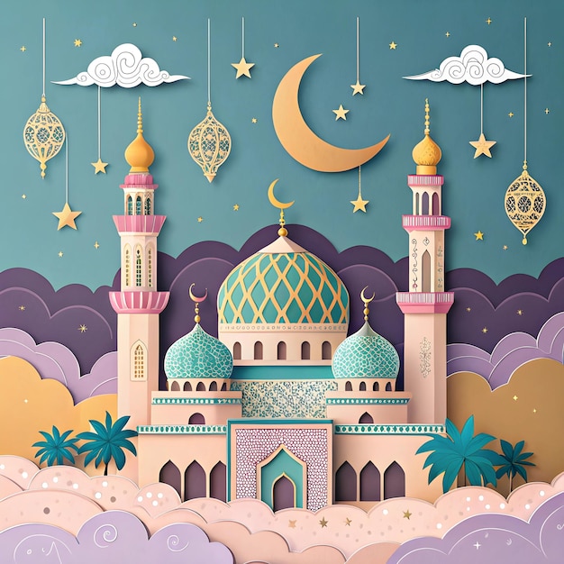 Mooie illustratie van een islamitische moskee met maansterren en lantaarns voor de Ramadanviering