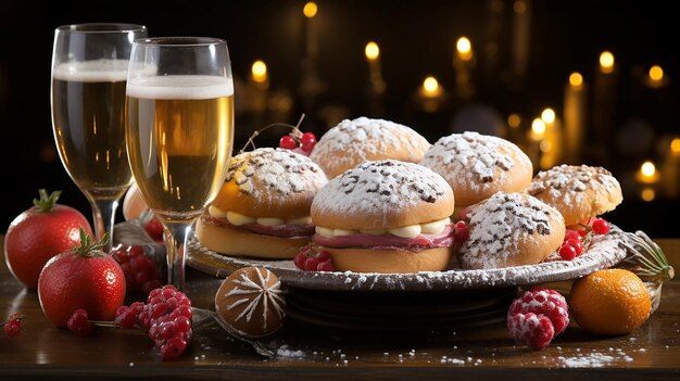 Mooie illustratie van een kersttafel met dessert peperkoekjes gebak drankjes bessen en fruit met feestelijke hoogtepunten en lichten gegenereerd door AI