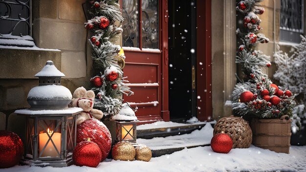 Mooie illustratie van een met sneeuw bedekt huis dat voor Kerstmis is versierd met feestelijke reflecties en lichten gegenereerd door AI