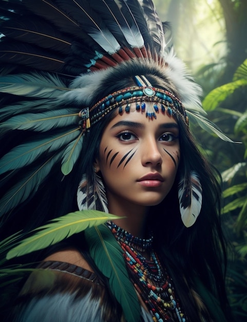 Mooie Indiaanse vrouw met veren op haar hoofd