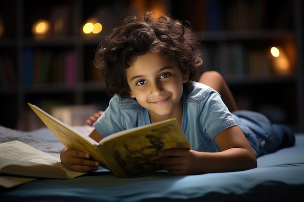 Mooie indiase aziatische jongen die een boek leest en glimlacht terwijl hij schoolhuiswerk doet
