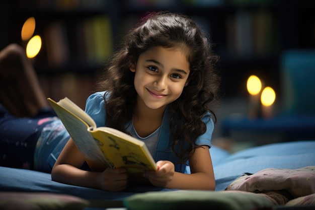 Mooie indiase aziatische meid die boek leest en glimlacht terwijl ze schoolhuiswerk doet
