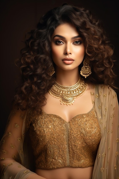 Mooie Indiase jonge vrouw met krullend haar in gouden jurk