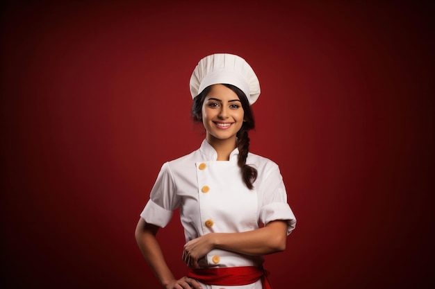 Mooie Indiase jonge vrouwelijke chef-kok glimlacht en kijkt naar de camera terwijl ze geïsoleerd staat op een gewone achtergrond