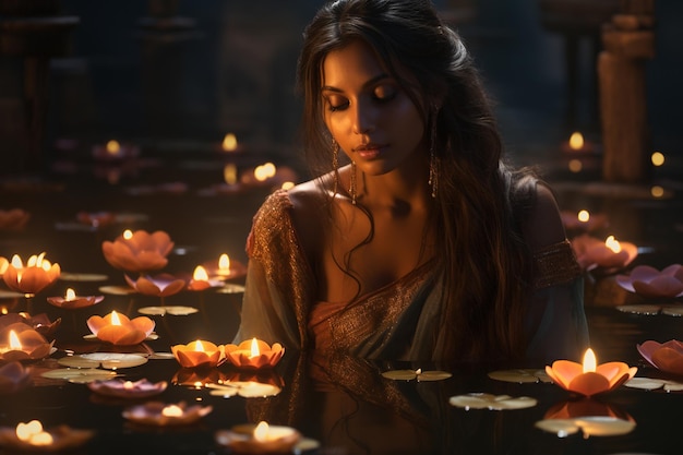 Mooie Indiase vrouw in de rivier en uit het water omringd door lotusbloemen