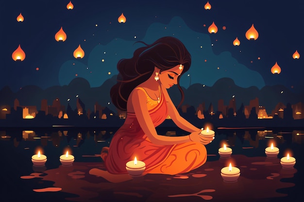 Mooie Indiase vrouw in een rode jurk, zittend aan de oever van de rivier en olielamp lancerend