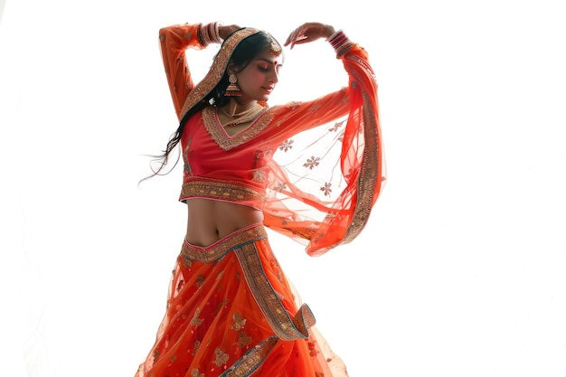 Foto mooie indiase vrouw in traditioneel kostuum danst op color day holi op een witte rug