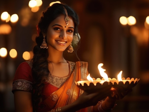 Mooie indiase vrouw in traditionele indiase kleding met diwali-lamp