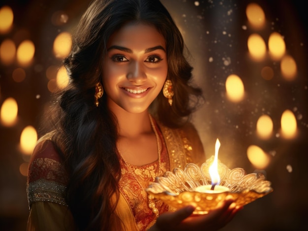 Mooie indiase vrouw in traditionele indiase kleding met diwali-lamp