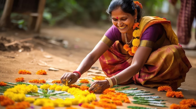 Mooie Indiase vrouw in traditionele kleding die rangoli maakt van bloemen in de buurt van het huis in India