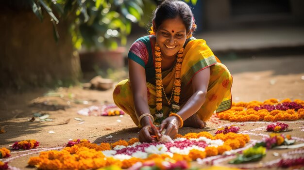 Mooie Indiase vrouw in traditionele kleding die rangoli maakt van bloemen in de buurt van het huis in India