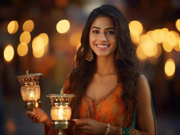 Mooie Indiase vrouw met diwali-lamp