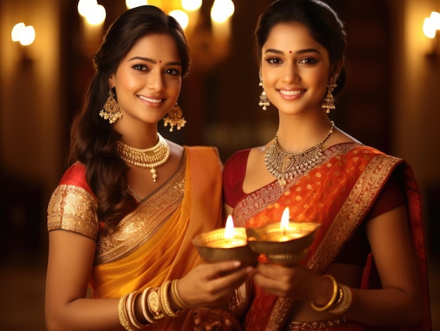 mooie indiase vrouwen in traditionele kleding met diwali-lamp