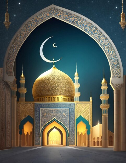 mooie islamitische moskee en eid Mubarak-maan Generatieve AI