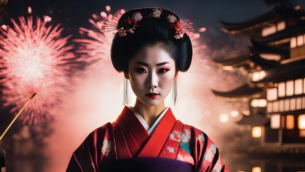 Foto mooie japanse geisha in focus vuurwerk in generatieve ai op de achtergrond