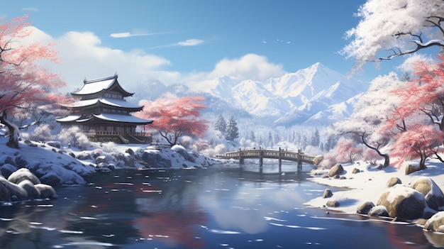 Mooie Japanse tempel winter sneeuw grote berg achtergrond foto Ai gegenereerde kunst