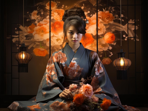 Foto mooie jonge aziatische vrouw in zwarte jurk met een lantaarn