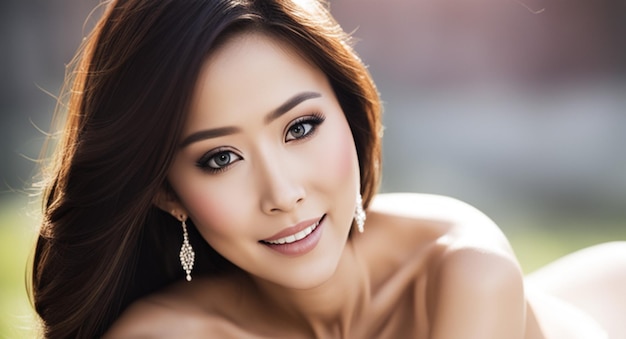 Foto mooie jonge aziatische vrouw met schone frisse huid op een lichte achtergrond met blote schouders gezichtsbehandeling