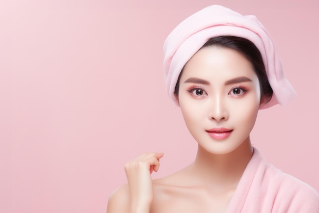 Mooie jonge Aziatische vrouw met schone frisse huid op roze achtergrond Gezichtsverzorging Gezichtsbehandeling Cosmetologie schoonheid en spa Aziatische vrouwen portret