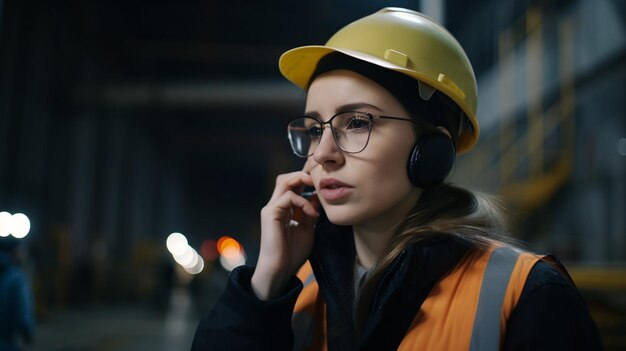 Mooie jonge Aziatische vrouwelijke ingenieur of architect die een witte veiligheidshelm draagt en praat op een walkietalkie op een bouwplaats Generatieve AI