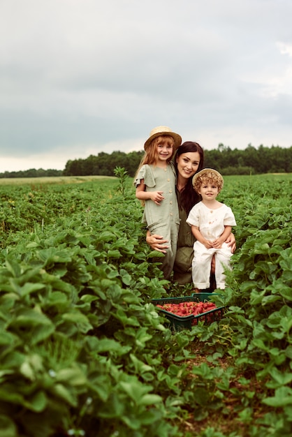 Mooie jonge blanke moeder met haar kinderen in een linnen jurk met een mandje aardbeien verzamelt een nieuwe oogst en heeft plezier met de kinderen
