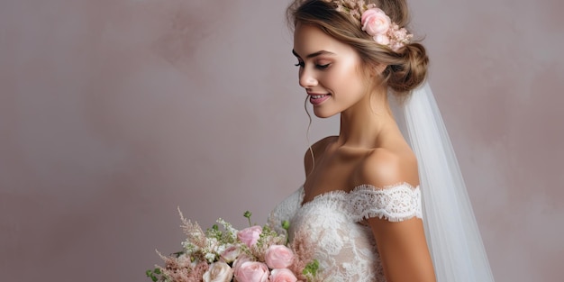 Mooie jonge bruid met een boeket bloemen op een lichte achtergrond met ruimte voor tekst