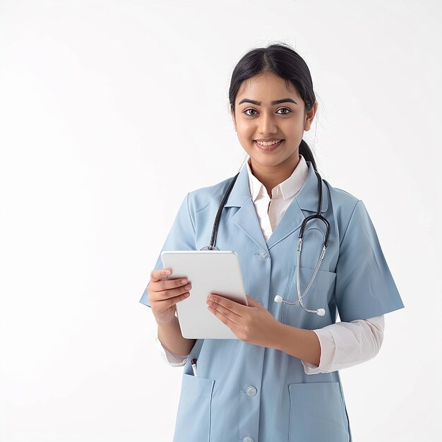 Mooie jonge dame vrouwelijke dokter die met een glimlach naar de camera kijkt