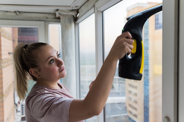 Mooie jonge huisvrouw in werkkleding die ramen wast met professionele hulpmiddelen thuis.