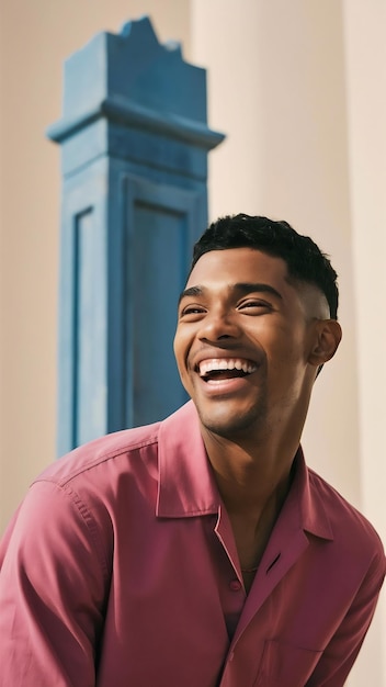 Mooie jonge man in roze shirt lacht over een geïsoleerde blauwe muur.