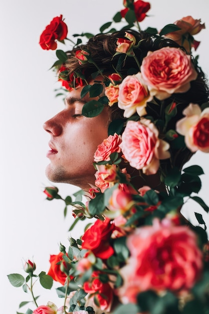 Foto mooie jonge man in rozen bloemen op witte achtergrond liefde met de natuur