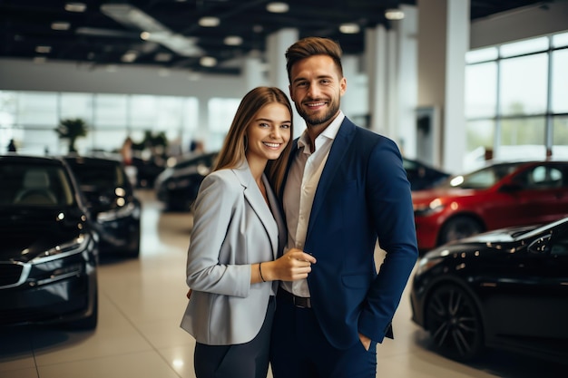 Mooie jonge paar nieuwe auto kopen in autoshowroom