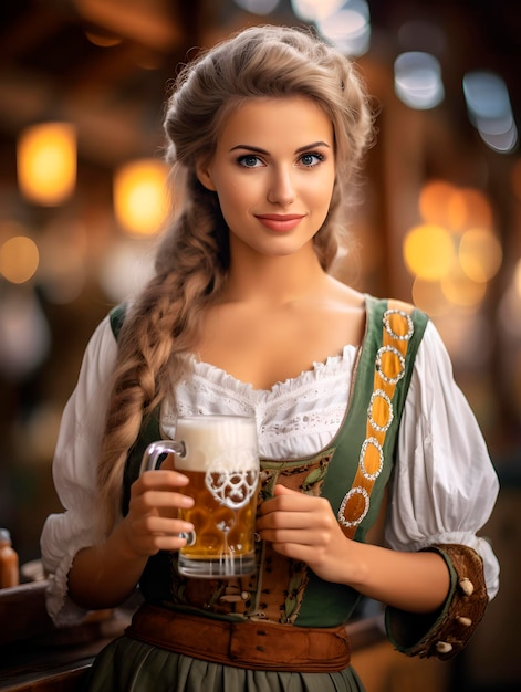 Mooie jonge serveerster die glimlacht en glazen bier vasthoudt op het Oktoberfest bierfestival