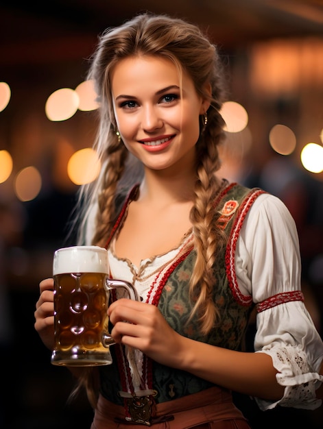 Mooie jonge serveerster die glimlacht en glazen bier vasthoudt op het Oktoberfest bierfestival