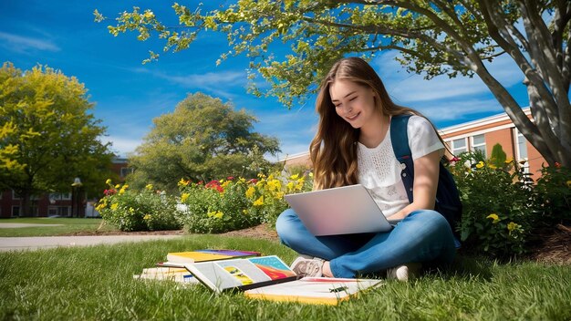 Mooie jonge student met een laptop op het gras op de campus.