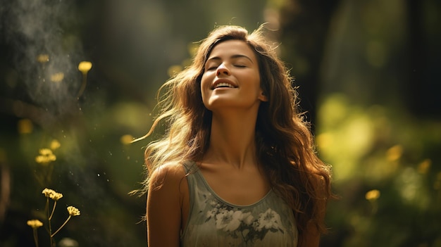 Mooie jonge vrouw ademt frisse lucht inspiratie plezier op een wazige achtergrond van het bos