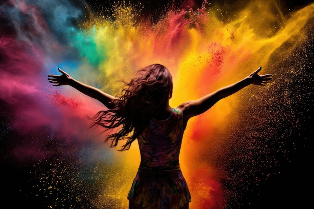Mooie jonge vrouw dansen in kleur poeder explosie op zwarte achtergrond Kleurrijke explosie van kleur poeder met een silhouet van een dansende vrouw AI gegenereerd
