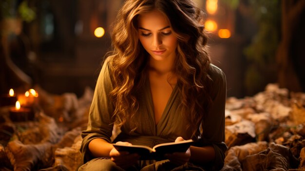 Foto mooie jonge vrouw die een boek leest in een donkere kamer.