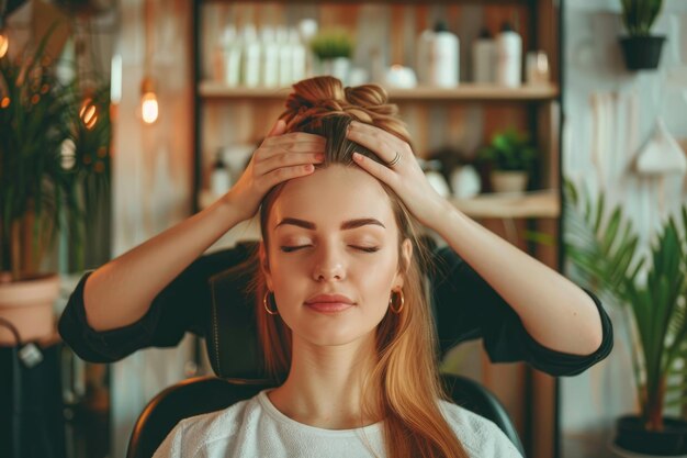 Foto mooie jonge vrouw die een hoofdmassage krijgt in een schoonheidssalon.