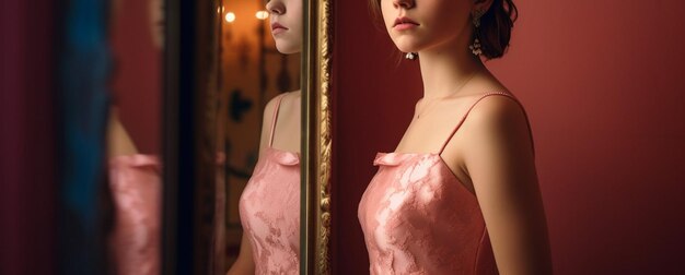 Mooie jonge vrouw die in roze nachtjapon in de spiegel kijkengeneratieve ai