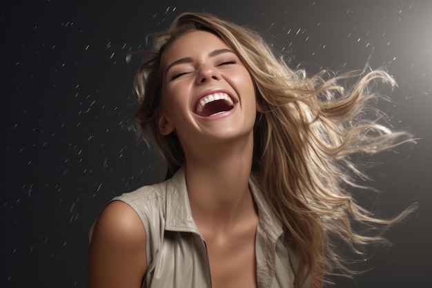 mooie jonge vrouw die lacht met haar haren die in de wind wapperen