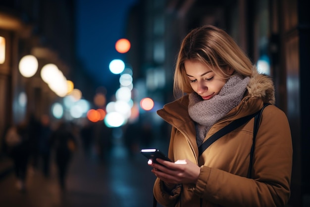 Mooie jonge vrouw die naar mobiele telefoon kijkt