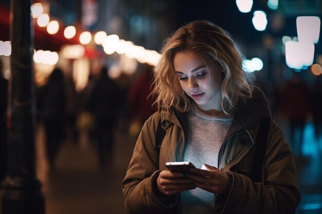 Mooie jonge vrouw die naar mobiele telefoon kijkt